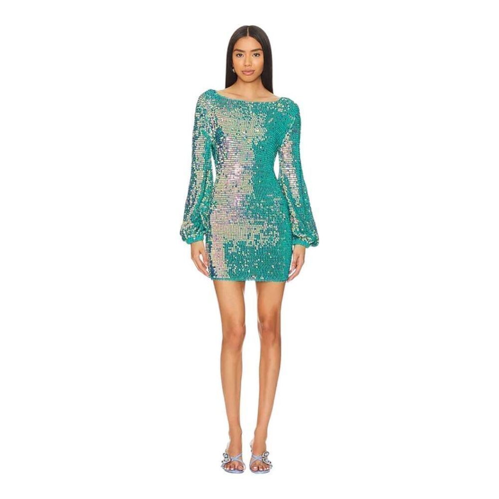 Retrofête Tara‎ Sequin-Embellished Crochet Mini Dress | Aquamarine, NWT, XS
